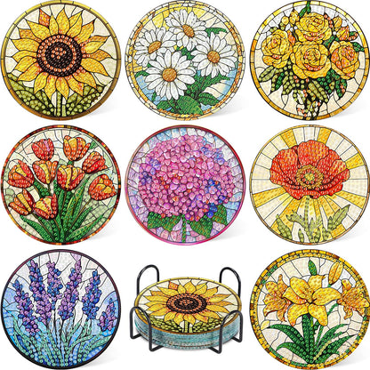 8 Pcs Flower Diamond Art Coasters Kit for Adults, Flowers Diamond Painting Coasters with Holder, 5D Gem Art DIY Crafts Diamond Dots for Gift Life