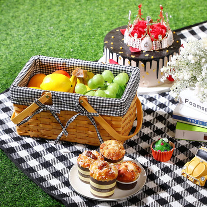 Patelai Wicker Picnic Basket Natural Hand Woven Basket with Double Folding Handles, Willow Hamper Baskets with Blanket for Outdoor Picnic Summer Spring Camp Family(Black and White Grid)