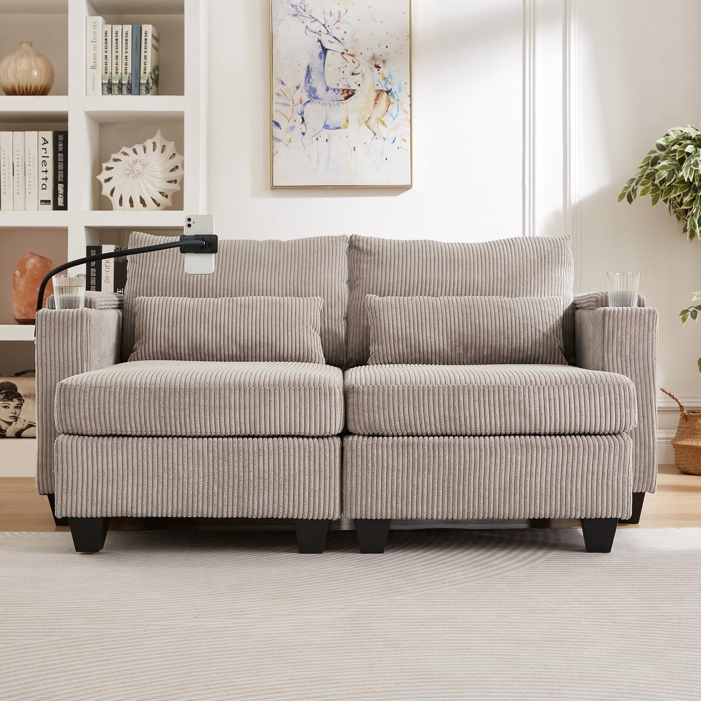 Merax Modern 63" Convertible Chaise Lounge with USB Ports, Phone & Cup Holders, Corduroy Upholstered Sleeper Sofa Bed, Recliner Loveseat with Pillows & Ample Storage Space for Living Room,Brown