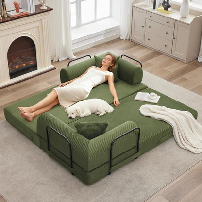 IDEALHOUSE 4 in 1 Convertible Sleeper Sofa Bed Couch, 79 Inch Boneless Corduroy Floor Couch with Pillows, No Assembly, Modern Deep Seat Sofa Futon Mattress for Living Room,Apartment,Green