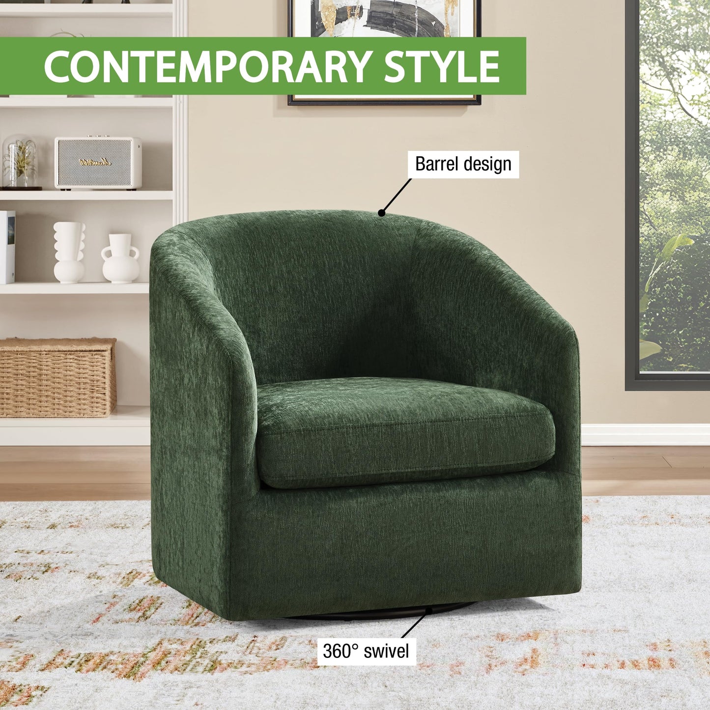 OSP Home Furnishings Parker Upholstered Swivel Tub Accent Chair, Green Fabric