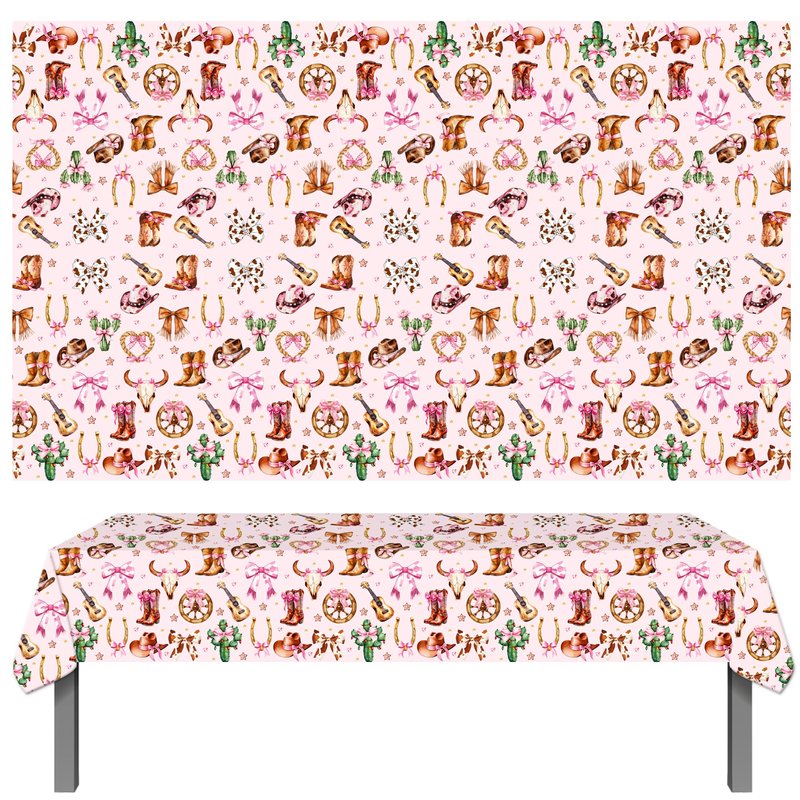 umoni Cowgirl Party Supplies Pink Western Cowgirl Tablecloth 2PCS Coquette Cowgirl Party Supplies Tablecover Disposable Wild West Guitar Bow and Boot Table Cover for Birthday Baby Shower Decor