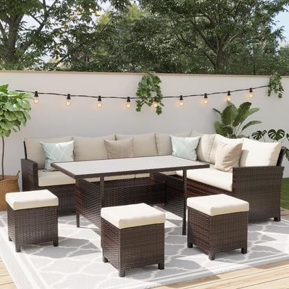 Wisteria Lane 7 Piece Patio Furniture Set, High Curved Back Wicker Patio Sectional, All Weather Outdoor Dining Set, Outdoor Furniture Patio Conversation Set with Ottoman, Brown