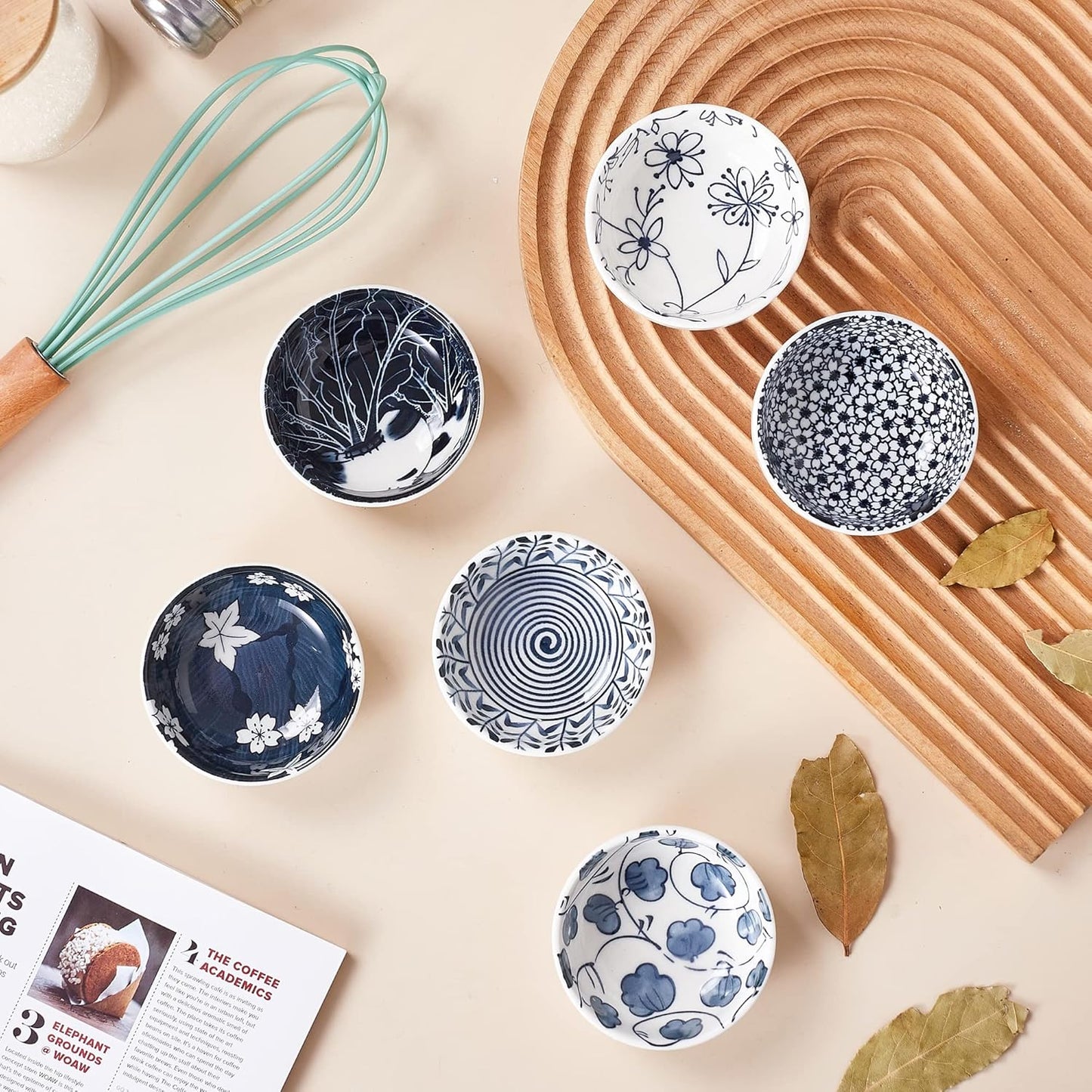 Ceramic Dipping Bowls Set of 6, 3 Inch Pinch Bowls for Sushi, Snack, Soy, BBQ, 2.5 Oz Blue and White