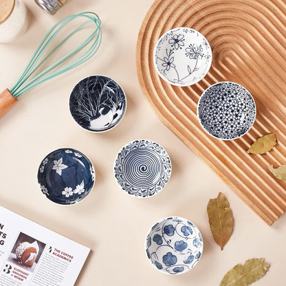 Ceramic Dipping Bowls Set of 6, 3 Inch Pinch Bowls for Sushi, Snack, Soy, BBQ, 2.5 Oz Blue and White