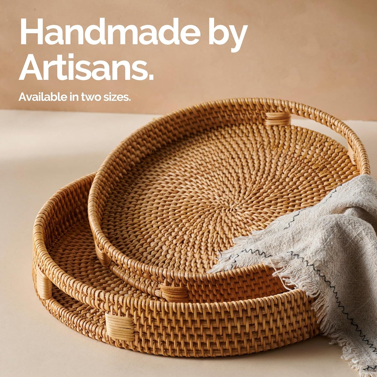 14 Counter JUNGLE CULTURE Handcrafted Round Wicker Tray Large Decorative Rattan Serving Basket for Coffee Table