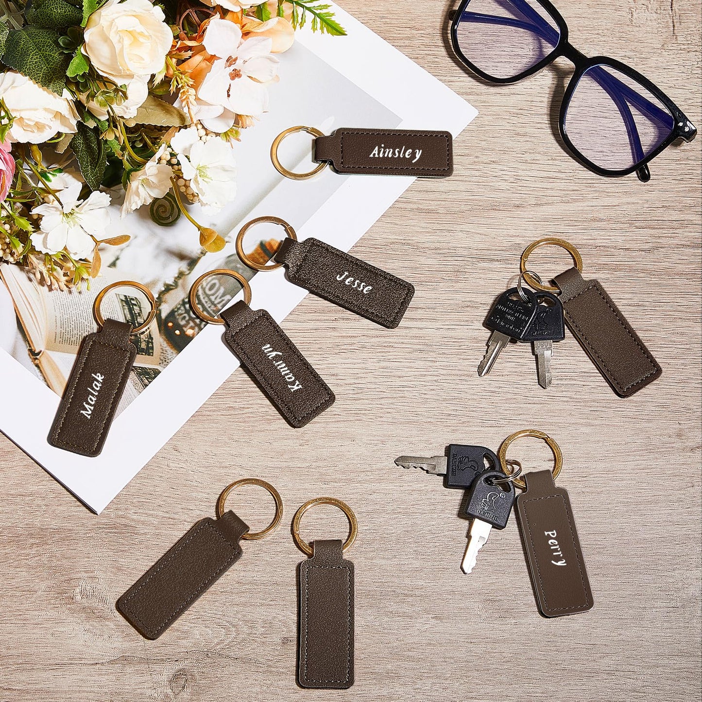 Wavyknot 48 Pcs Leather Keychains Blank Bulk PU Leather Laser Engraving Keychains Gift for Men Women Christmas Birthday (Brown Color)