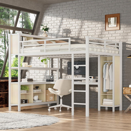 Bellemave Queen Loft Bed with Desk & Wardrobe, Heavy Duty Metal Loft Beds with Storage Shelves, Space Saving Loft Bed Queen Size with Safety Guard, White Wood Grain