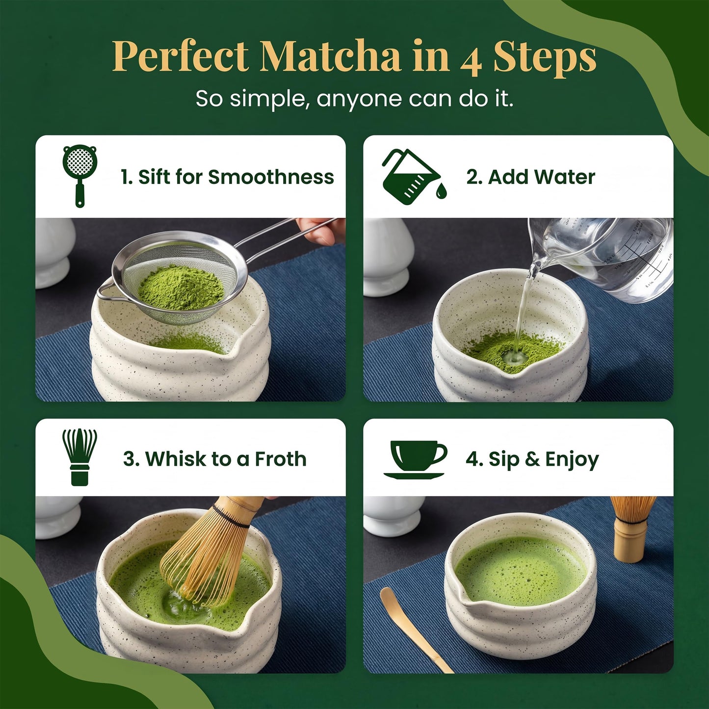 BARISTA EMPEROR® MATCHA WHISK SET PREMIUM 11pcs - Professional Matcha Kit Set with Matcha Bowl, Matcha Whisk, Milk Frother, Spoon, Sifter, Scoop, Stand, Cup, Tea Mat, Cloth - Matcha Bowl Set