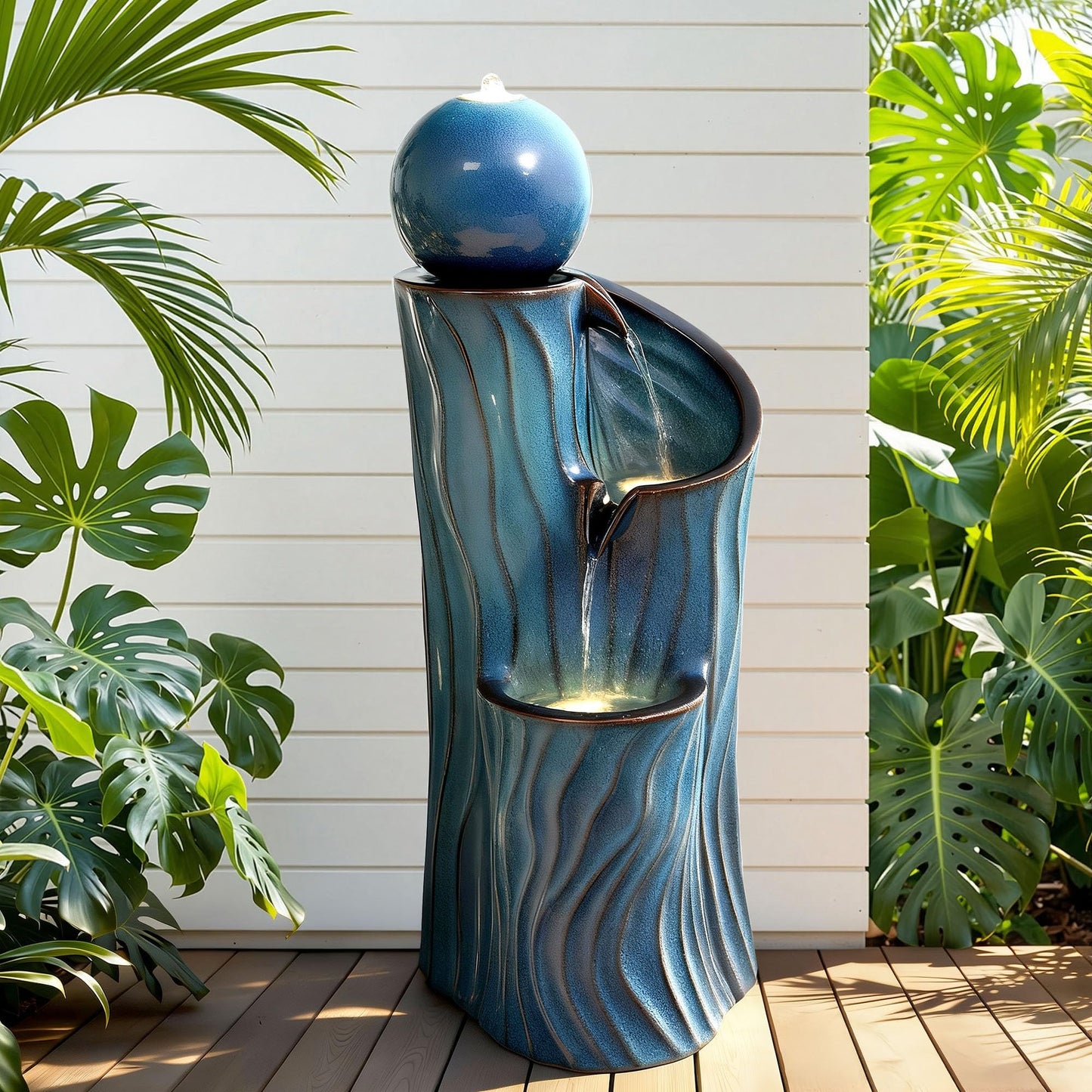 Ultym 32" H Ceramic Outdoor Water Fountain with Lights, Art Sphere Fountains for Outside, Soothing Cascading Waterfalls for Relaxing Garden Patio Yard or Porch Decor, Turquoise, Dynamic Wave-Texture