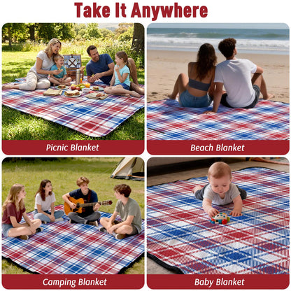 Doonly Picnic Blanket, 78" x 78" Large Waterproof Sandproof Beach Blanket, Foldable Outdoor Blanket Picnic Mat for Beach, Camping, Park, Grass, Lawn, Travel (Blue/Red/White)