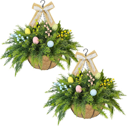 NSOPB Set 2 24 of Easter Artificial Hanging Plant Flower Baskets, Fake Planter Hanging with Pcs Cypress Leaves, Faux
