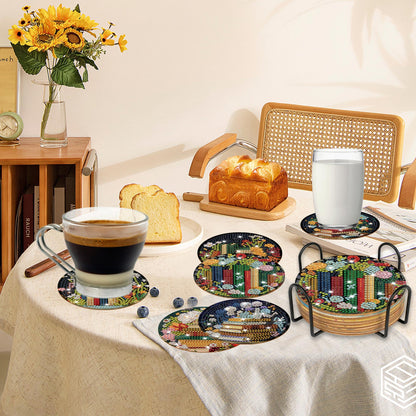 8 Pcs Book Diamond Art Coasters Kit with Holder and Cork Pads, Floral DIY Diamond Painting Coaster Kit for Adults Beginners, Round 4 Inch Drink Coasters Craft Set for Home Decor