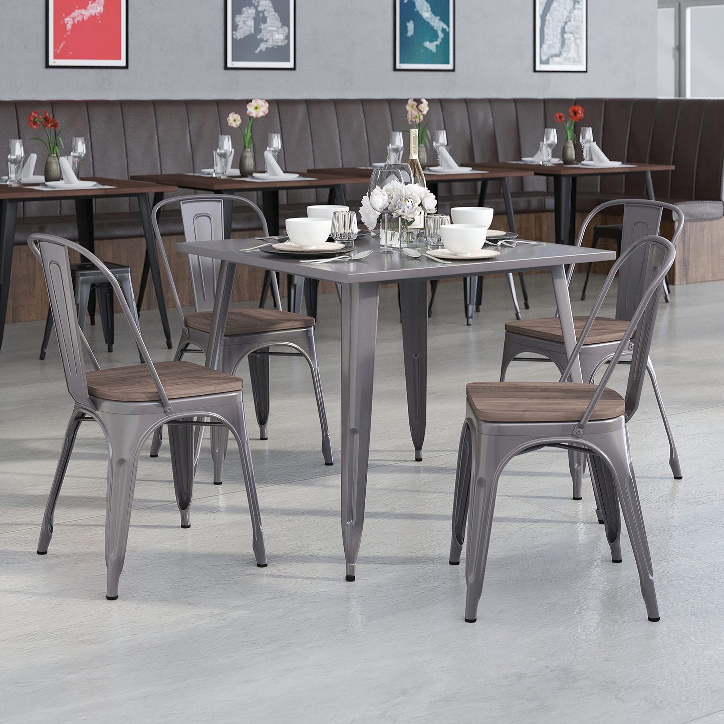 Flash Furniture Lincoln 4 Pack Clear Coated Metal Stackable Chair with Wood Seat