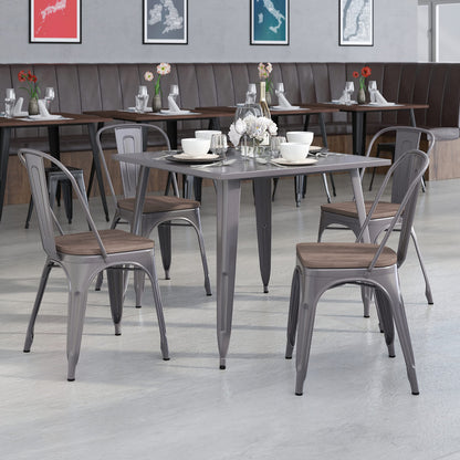 Flash Furniture Lincoln 4 Pack Clear Coated Metal Stackable Chair with Wood Seat