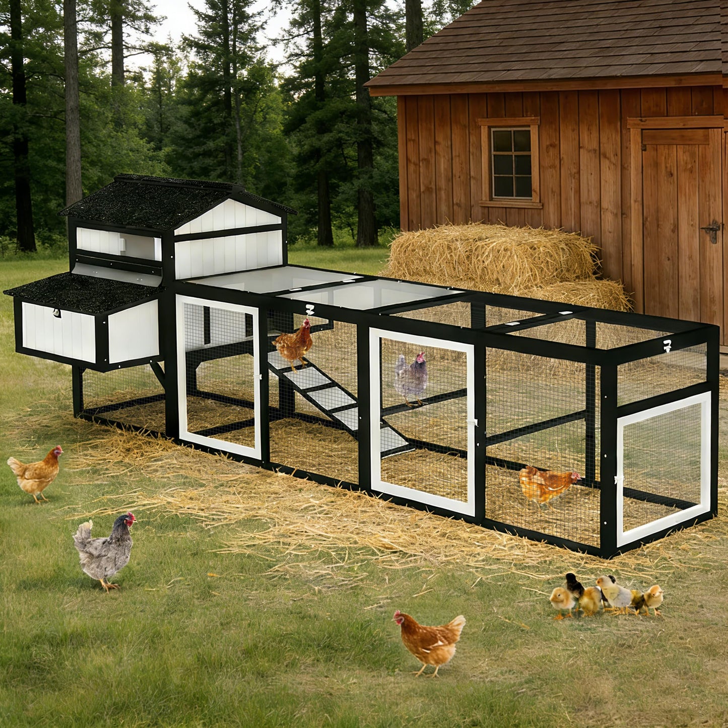 Ketive 116" Large Chicken Coop with Run, Wooden Hen House Outdoor Poultry Cage 28.41 ft² for 4–6 Chickens, 4 Nesting Boxes, 4 Perches, Easy-Clean Slide Out Tray, Expandable Backyard Coop