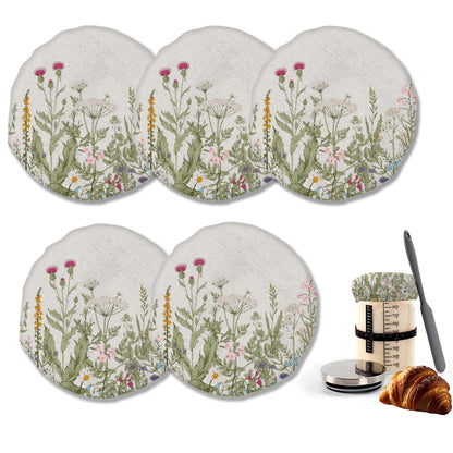 Herbs 5- Pack Cloth Covers for Sourdough Starter Jar, Wild Flowers Cloth Covers Reusable Lid Top Sourdough Bowl Cover Bread Fermentation Baking Supplies for 3-4 Inch Jar Mouth