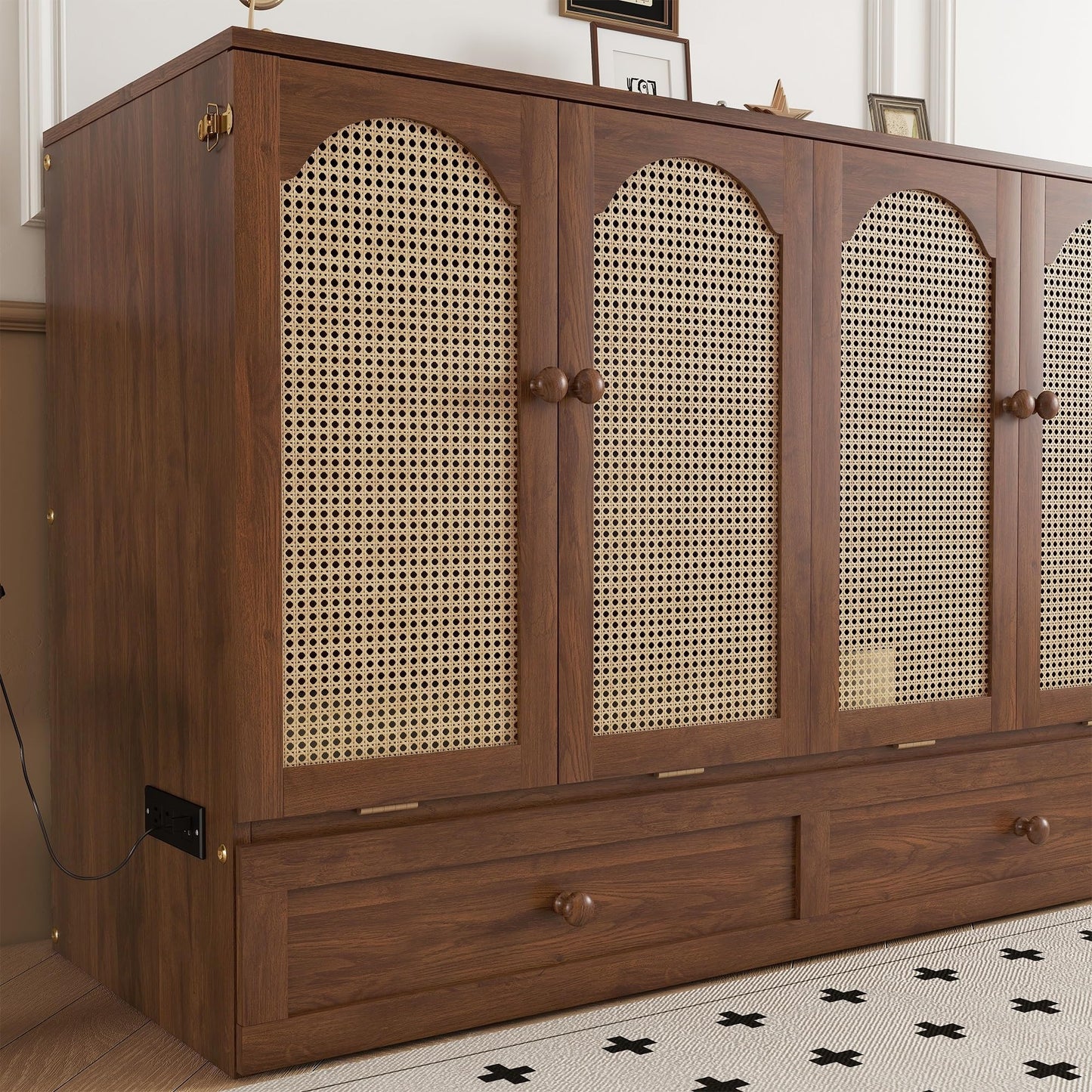 KEIKI Queen Size Murphy Bed Cabinet with Power Station & Large Drawer, Pine Wood Folding Chest Bed with Rattan Panel, Space-Saving Wall Bed, Walnut