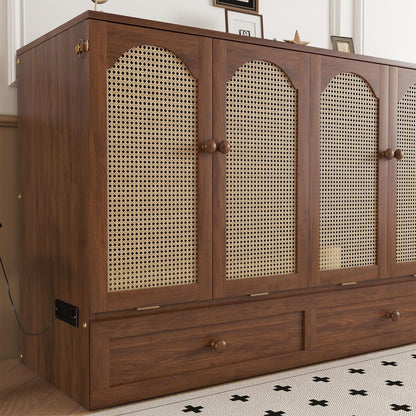 KEIKI Queen Size Murphy Bed Cabinet with Power Station & Large Drawer, Pine Wood Folding Chest Bed with Rattan Panel, Space-Saving Wall Bed, Walnut