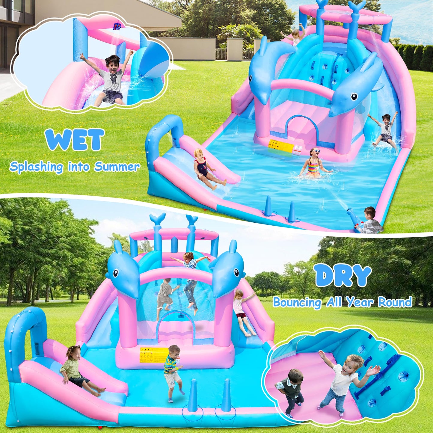 BounBounTime Inflatable Water Slide, Dolphin Bounce House for Kids 3-12, Water Park with Blower, Splash Pool, Climbing Wall, Water Cannon, Bouncy Castle for Backyard Summer Fun, 195 x 162 x 104 inches