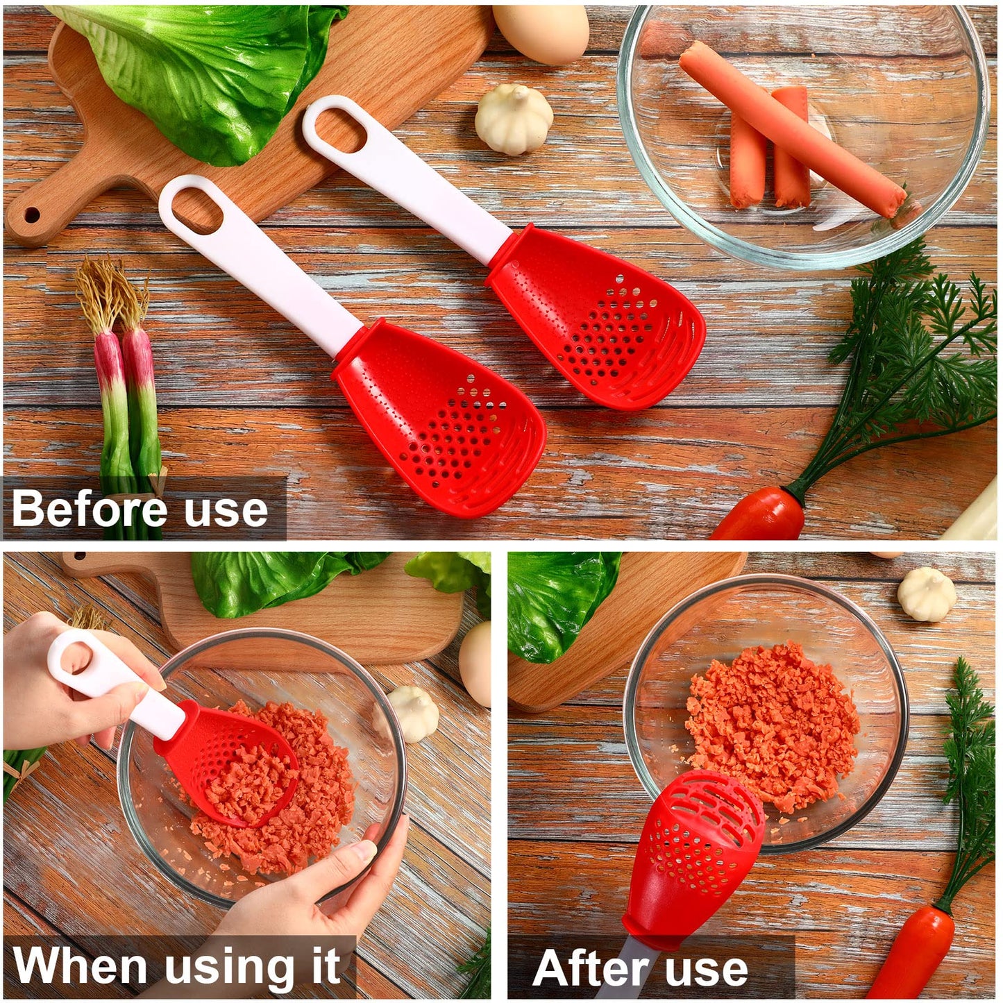 Chengu 6 Pieces Multifunctional Kitchen Cooking Spoon Heat Resistant Kitchen Spoons Colander Skimmer Scoop Egg Yolk Separator Gadgets Strainer for Grating, Draining, Mashing(Red)