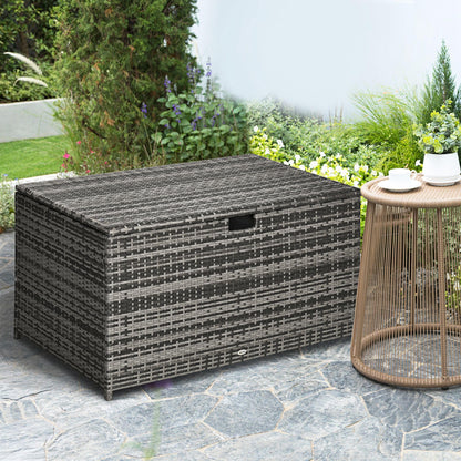 113 Gallon Deck Box, Rattan Outdoor Storage Box, Waterproof Storage Container for Indoor, Patio Furniture Cushions, Pool Supplies, Garden Tools, Dark Gray