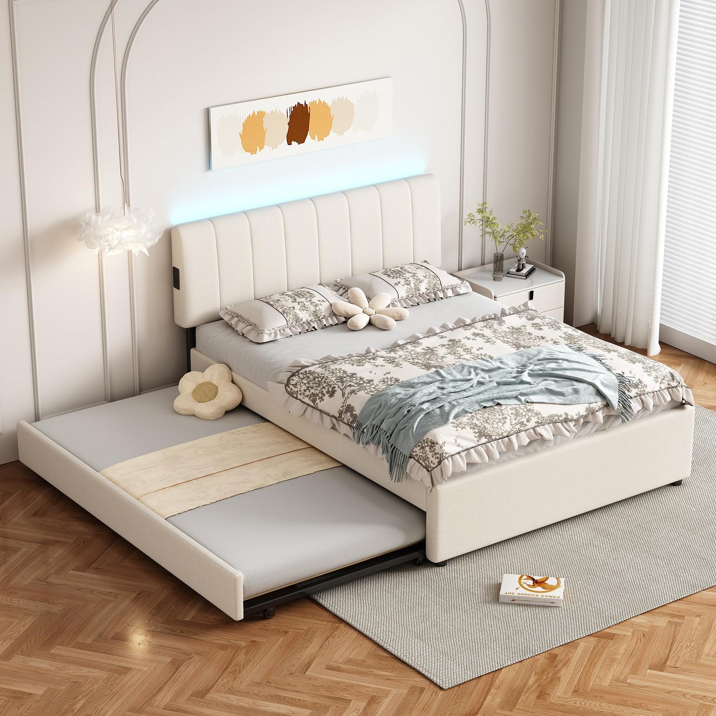 FAVSH Full Size Upholstered Platform Bed with Trundle and 1 Sets of USB, Chenille Fabric Solid Wood Bedframe w/Wood Slats & LED Lights with APP for Bedroom,Beige