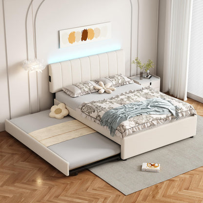 FAVSH Full Size Upholstered Platform Bed with Trundle and 1 Sets of USB, Chenille Fabric Solid Wood Bedframe w/Wood Slats & LED Lights with APP for Bedroom,Beige