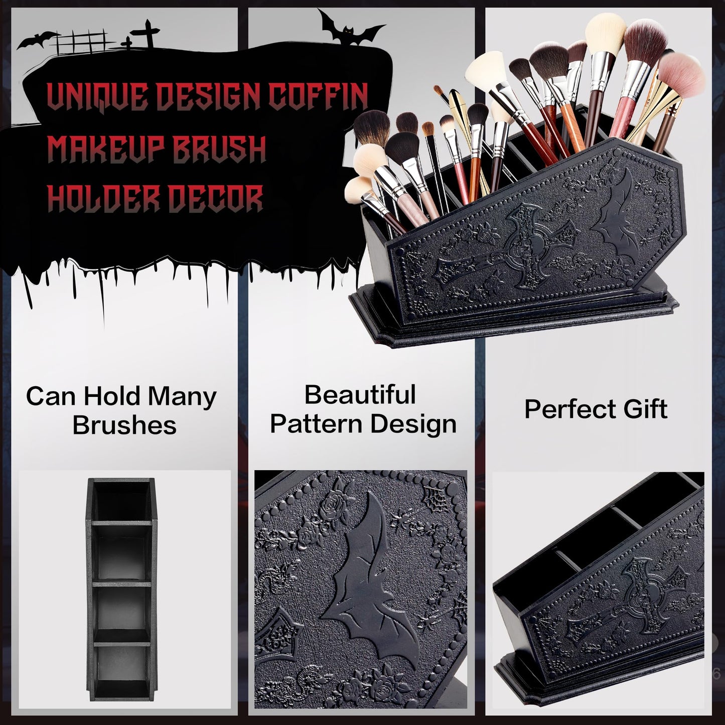 Gothic Coffin Decor Makeup Brush Holder,Spooky Witchy Gifts for Women,Bat Cosmetic Display Cases,Cross Goth Decor Pen Holder, Vanity, Desk, Office Organizer for Christmas Bedroom Bathroom,Black