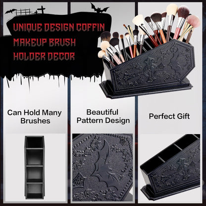 Gothic Coffin Decor Makeup Brush Holder,Spooky Witchy Gifts for Women,Bat Cosmetic Display Cases,Cross Goth Decor Pen Holder, Vanity, Desk, Office Organizer for Christmas Bedroom Bathroom,Black
