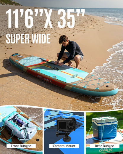ZLX 11'6" Extra Large Inflatable Stand Up Paddle Board with Inflatable Seat | Stable Non-Slip Deck Pad and Premium iSUP Accessories - Portable Backpack & Upgraded Pump for Adults, All Skill Levels