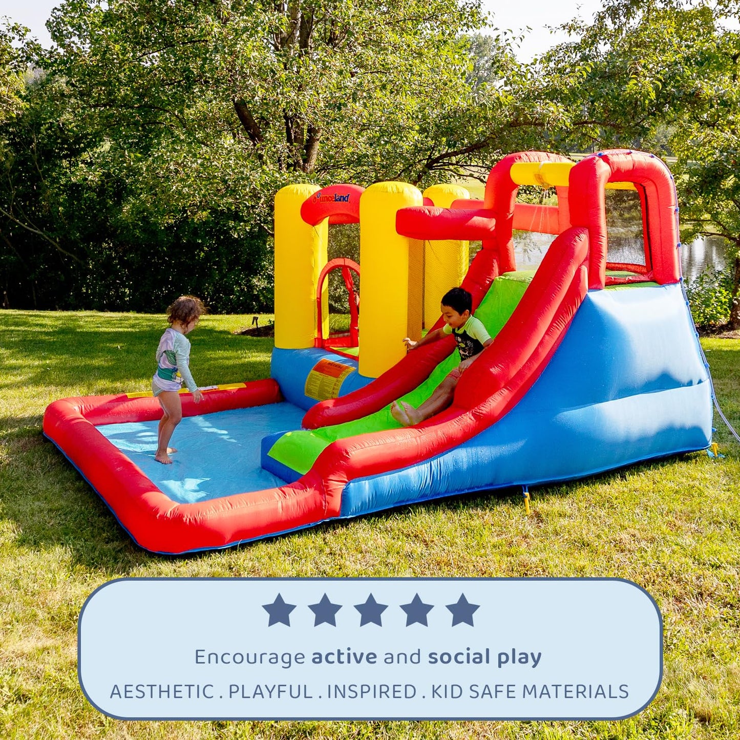 Bounceland Jump and Splash Adventure Bounce House or Water Slide All in one, Large Pool, Fun Bouncing Area with Basketball Hoop, Long Slide with Climbing Wall, UL Certified Blower Included