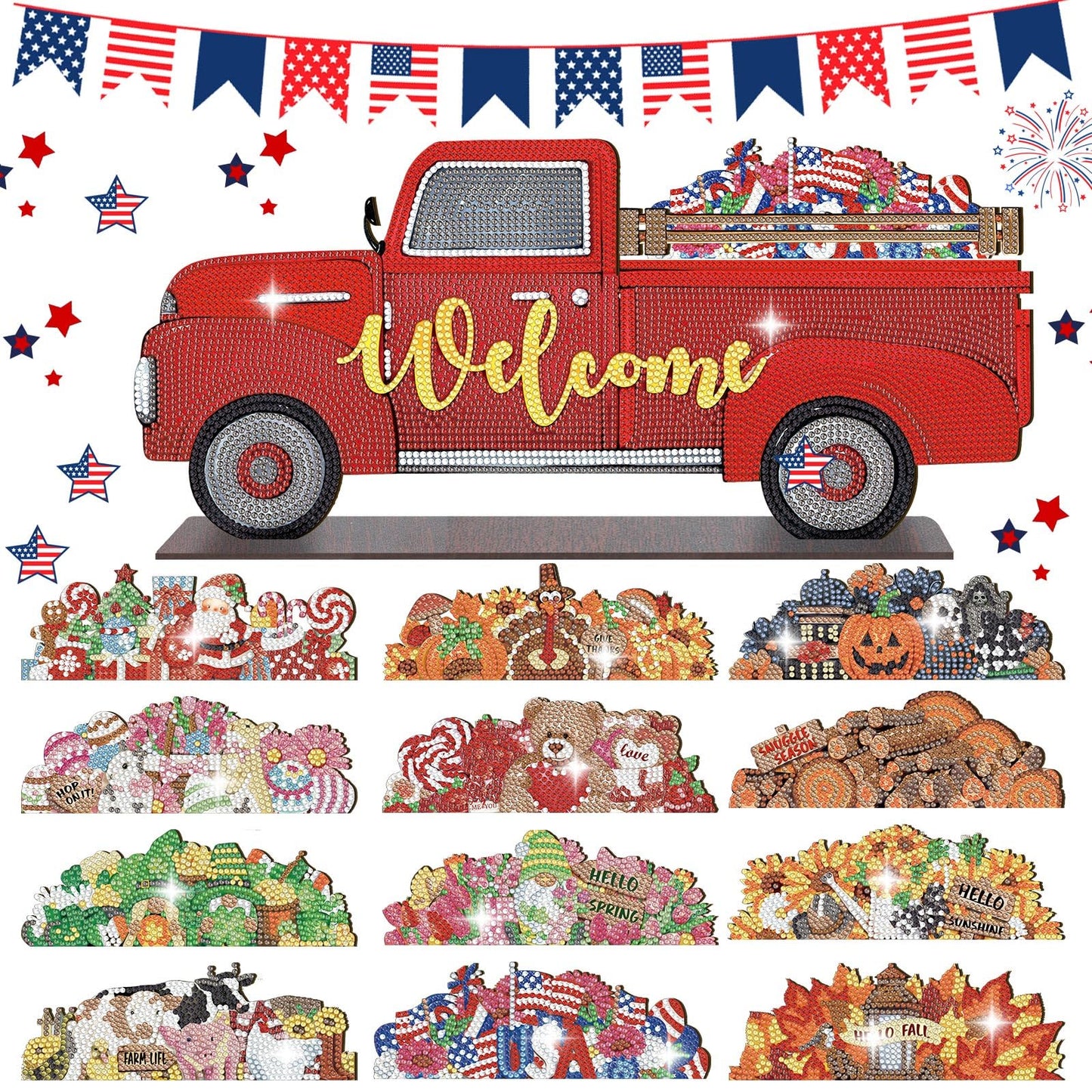 Burbell 13 Pcs Interchangeable Diamond Painting Art Welcome Signs Truck Stand Table Decor DIY Holiday Seasonal Tiered Tray Decoration Diamond Art Ornament Kits with 12 Holiday Icons for Home Wall