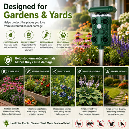 Solar Ultrasonic Deer Repellent Device – Animal & Raccoon Repellent Outdoor with Motion Sensor Flashing LED, IP54 Waterproof Wildlife Deterrent, 13.5–45.5KHz Dual Chip Pest Repeller 4PK