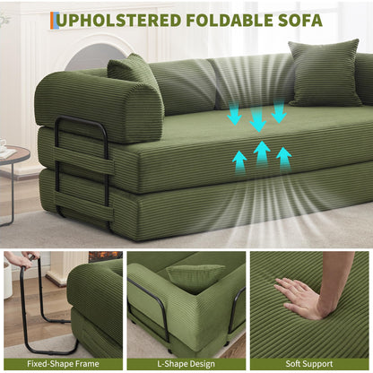 IDEALHOUSE 4 in 1 Convertible Sleeper Sofa Bed Couch, 79 Inch Boneless Corduroy Floor Couch with Pillows, No Assembly, Modern Deep Seat Sofa Futon Mattress for Living Room,Apartment,Green