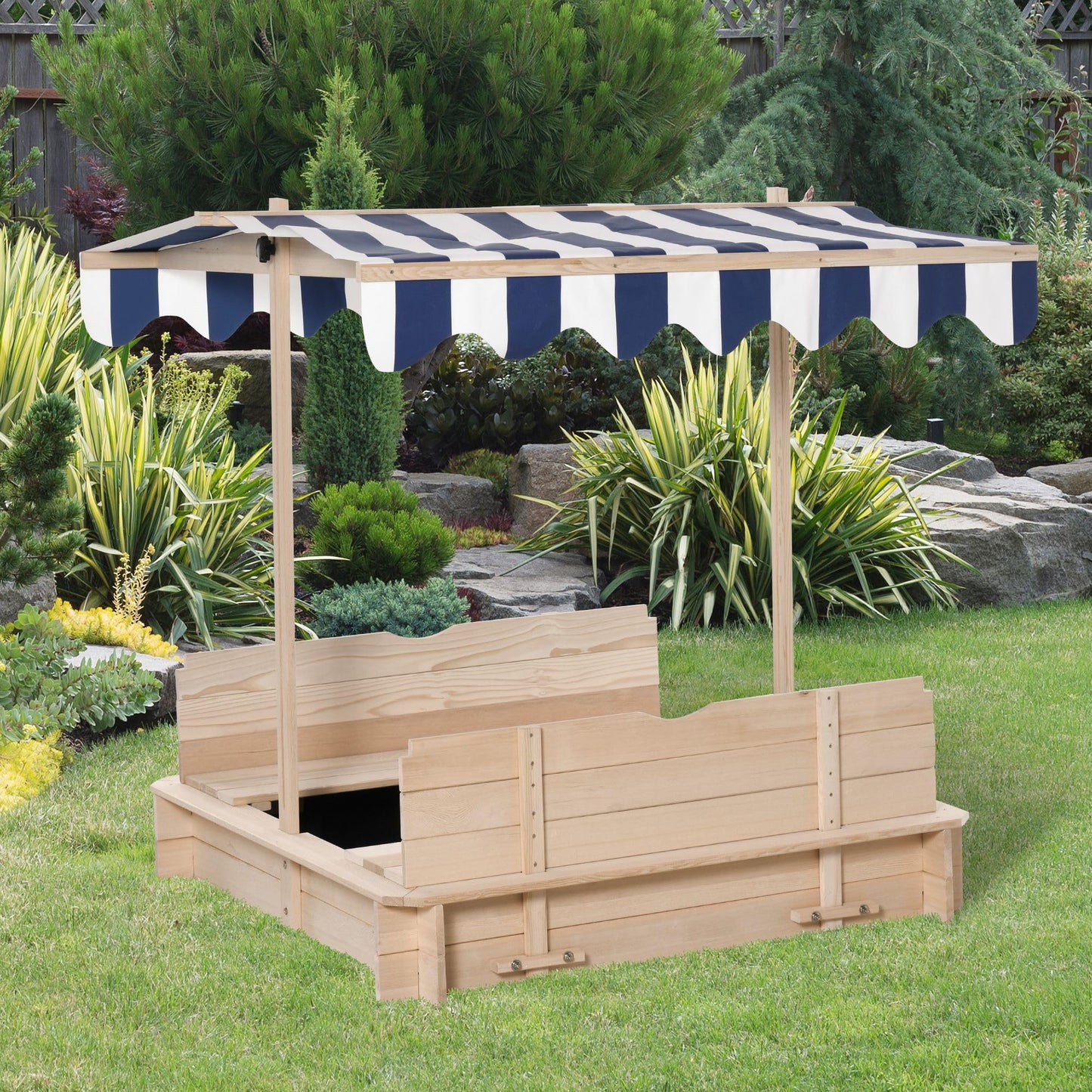Wooden Kids Sandbox with Cover, Children Outdoor Sand Box with Foldable Bench Seats, Adjustable Canopy, Bottom Liner for Outdoor, Natural