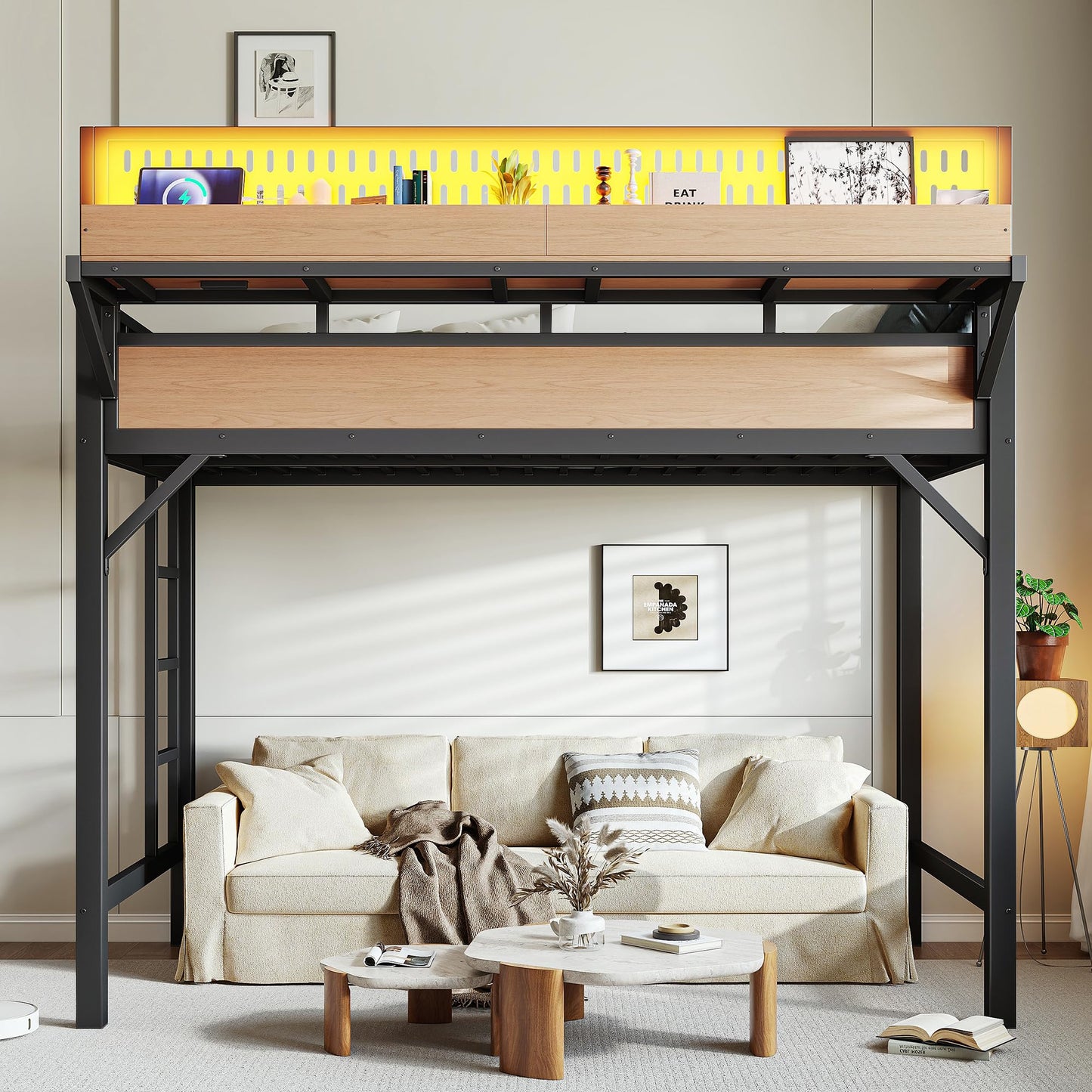 DNYN Metal Loft Bed with Storage Guardrails and Pegboard for Teens Bedroom/Dorm, Twin XL Size Loft Bed Frame with USB Ports and LED, Space-Saving Design & No Box Spring Needed