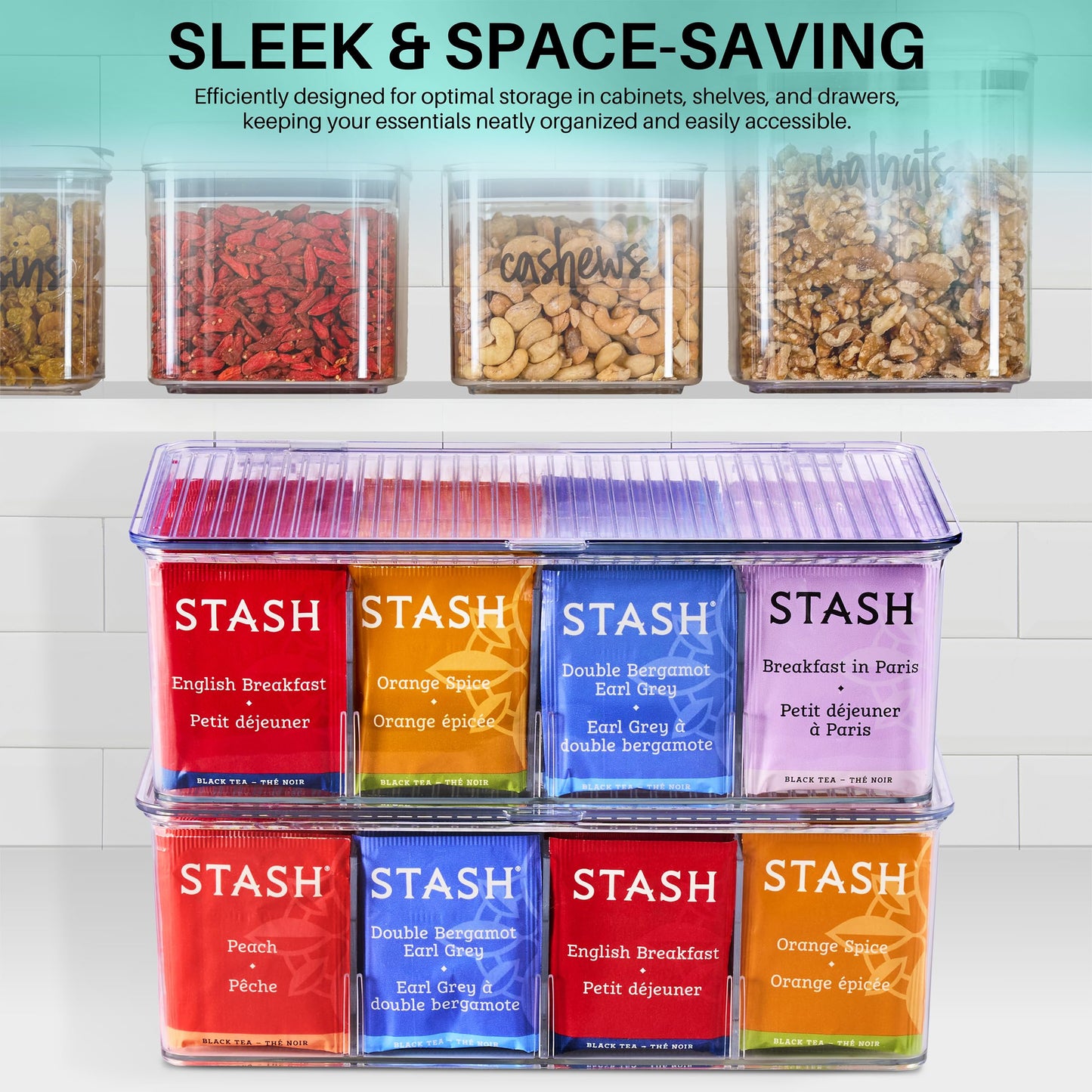 Sorbus 2 Pack Tea Bag Organizer Bins w/Lids & 4 Removable Dividers, Clear Plastic Food Packet Snack Organizer, Stackable Pantry Organization, Kitchen Storage, Fridge Bins, Sturdy Cabinet Organizers