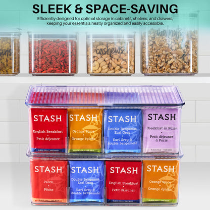 Sorbus 2 Pack Tea Bag Organizer Bins w/Lids & 4 Removable Dividers, Clear Plastic Food Packet Snack Organizer, Stackable Pantry Organization, Kitchen Storage, Fridge Bins, Sturdy Cabinet Organizers