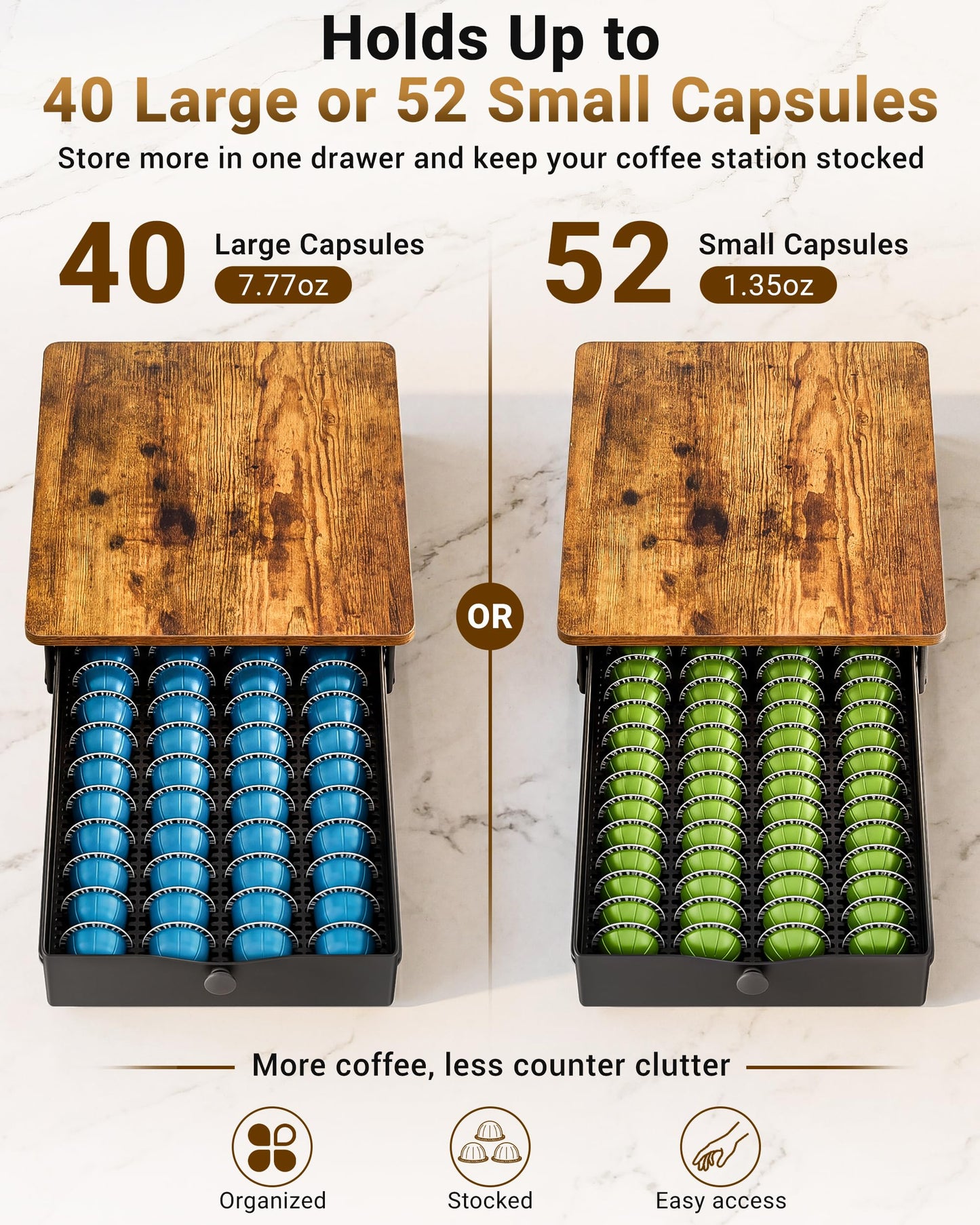 EVERIE Coffee Pod Holder Drawer, Compatible with Nespresso Vertuo Capsules, Holds 40 Large or 52 Small Pods, Flexible Slots for 4 Capsule Sizes, Rustic Brown Countertop Organizer, 15.6" Dx13 Wx3.7 H