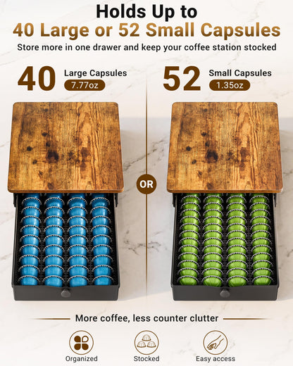 EVERIE Coffee Pod Holder Drawer, Compatible with Nespresso Vertuo Capsules, Holds 40 Large or 52 Small Pods, Flexible Slots for 4 Capsule Sizes, Rustic Brown Countertop Organizer, 15.6" Dx13 Wx3.7 H