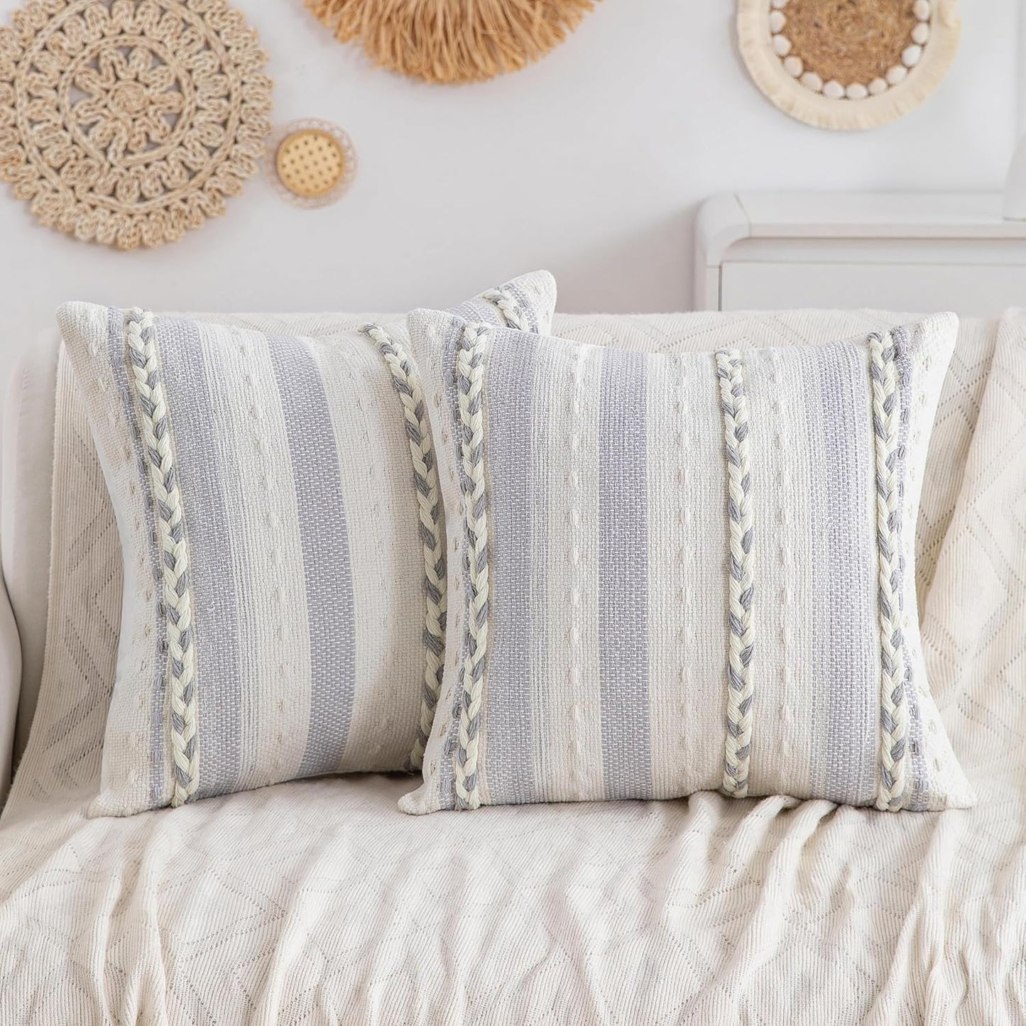Set 2-18x18 Inch Grey Boho Striped Pillow Covers of Farmhouse Coastal Decorative Throw Pillows, Neutral Accent Textured