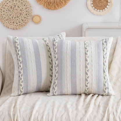 Set 2-18x18 Inch Grey Boho Striped Pillow Covers of Farmhouse Coastal Decorative Throw Pillows, Neutral Accent Textured