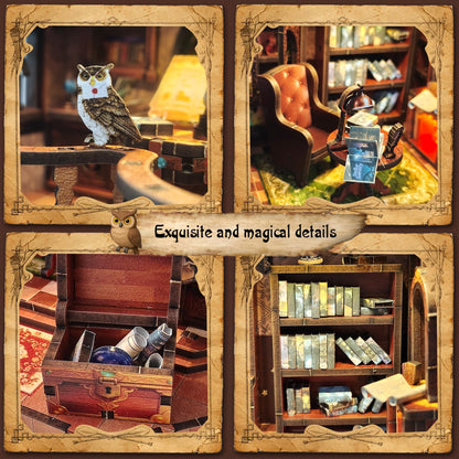 DIY Book Nook Kit | Miniature House Kit with LED Lights | 3D Wooden Puzzles for Adults & Teens | Creative Model Building Kit | Unique Bookshelf Decor & Gift for Craft Lovers | Owl Library