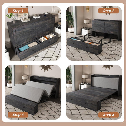 Bellemave Full Murphy Bed with Mattresses and Charging Stations and Storage Drawer, Farmhouse Murphy Cabinet Bed with Foldable Panel, Noisy Free, for Guest Bedroom, Living Room, Carbon Black