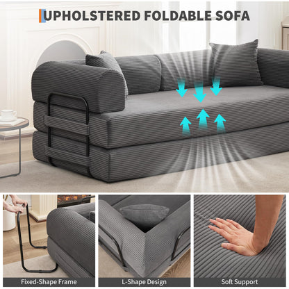 IDEALHOUSE 4 in 1 Convertible Sleeper Sofa Bed Couch, 79 Inch Boneless Corduroy Floor Couch with Pillows, No Assembly, Modern Deep Seat Sofa Futon Mattress for Living Room,Apartment,Gray