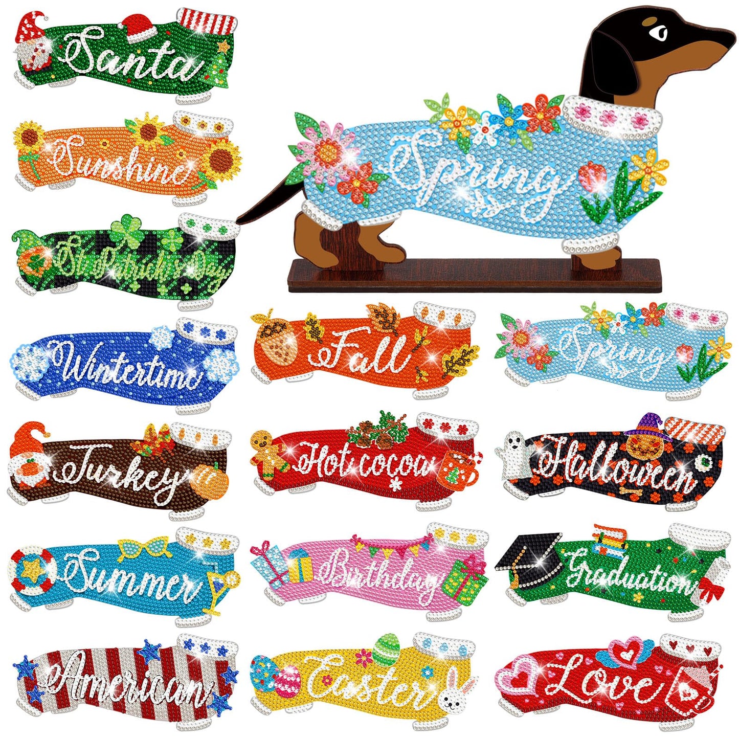 Briwooody 17 Pcs Interchangeable Seasonal Diamond Art Set for Adults Wooden Dachshund Diamond Painting Calendar 2026 Centrepieces for Holiday Spring 4th of July Summer Table Decor Accessories