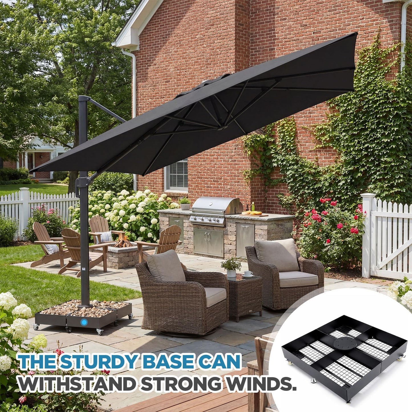 BreezeHug Patio Heavy Duty Umbrella Base Stand with 4 Lockable Wheels 1100 lb Capacity Square Base Plate Steel for Offset Cantilever Umbrella Patio Outdoors