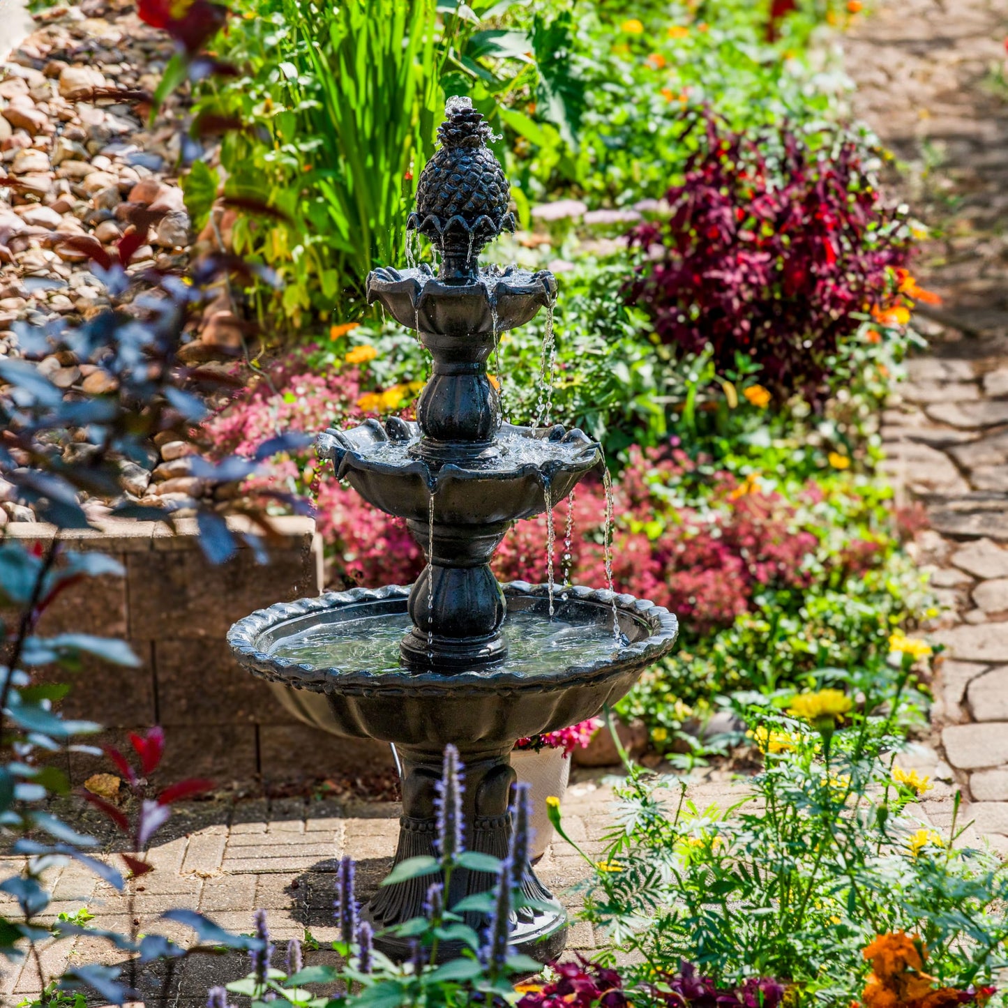 Sunnydaze 57" H Welcome 3-Tier Water Fountain - Large Electric Water Fountain with Pineapple Topper for Garden, Patio or Yard - Deep Espresso