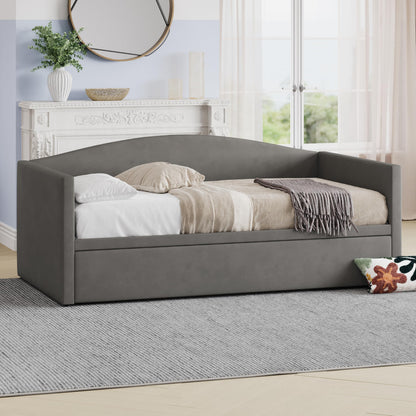 Merax Twin Size Velvet Daybed with Extended Pop Up Trundle, Upholstered Sofa Bed Daybed, Space-Saving Twin to King Design for Guest Room, Mattress not Included, Gray